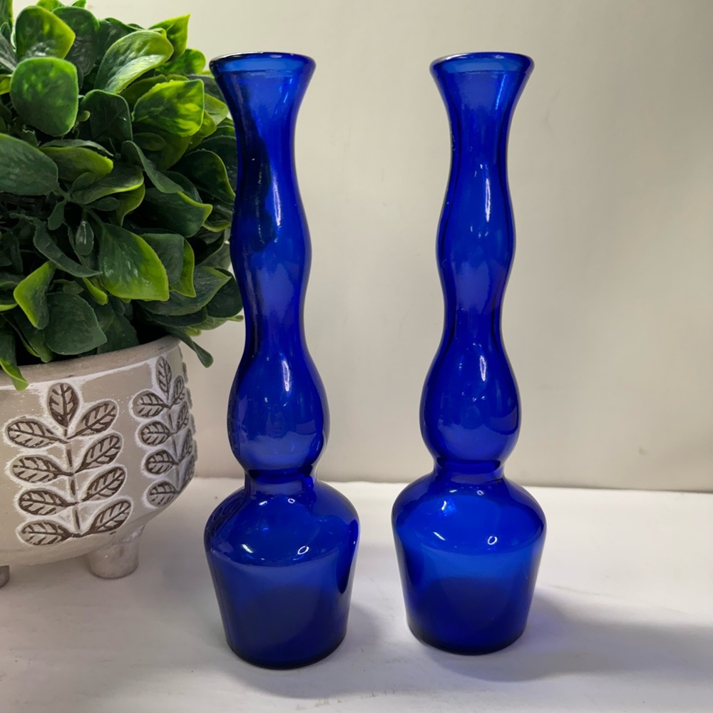 Set Vintage Colbalt Blue Hourglass 8” Bud Vase
